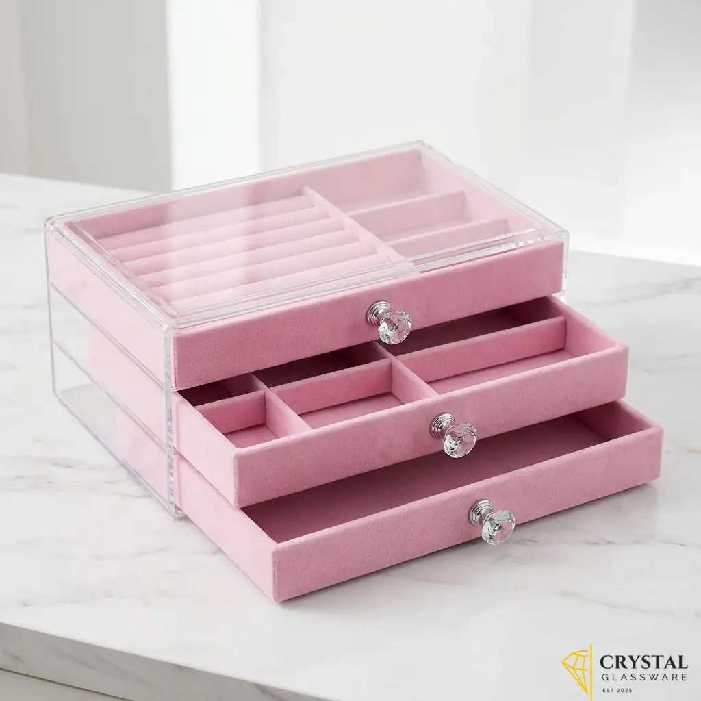 Acrylic jewelry organizer with three pink velvet drawers